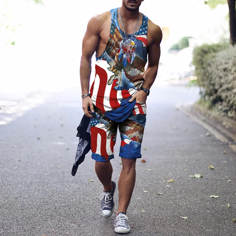 Men's Vest Suit Summer New Fashion Animal Harajuku 3D Printing Retro Sleeveless + Shorts Two-piece Sportswear Fitness Clothing