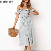 mosimolly 2022 summer dress off shoulder midi dress boho beach button front bow dress chic print dress