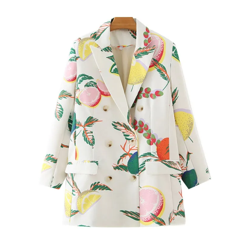 

Huaxiafan Women Fashion Double Breasted Fruit Print Blazers Coat Vintage Long Sleeve Pockets Female Outerwear Chic Tops