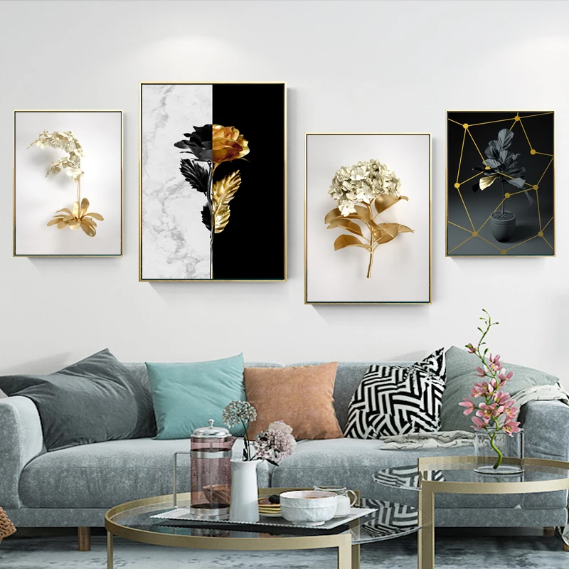 

Black Golden Flower Poster Abstract Geometric Line Wall Art Prints Picture Minimalist Modern Home Decor Paintings Canvas