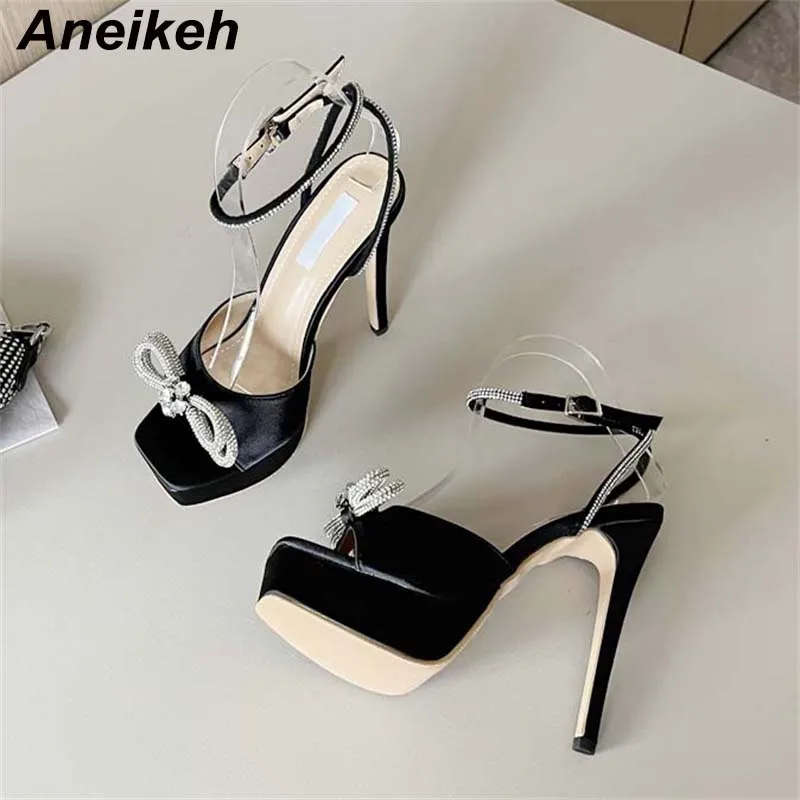 

Aneikeh Summer Fashion Rome Bling Butterfly-Knot Sandals Ladies Shoes Flock Square Toe Thin Heels Party Platform Classics White