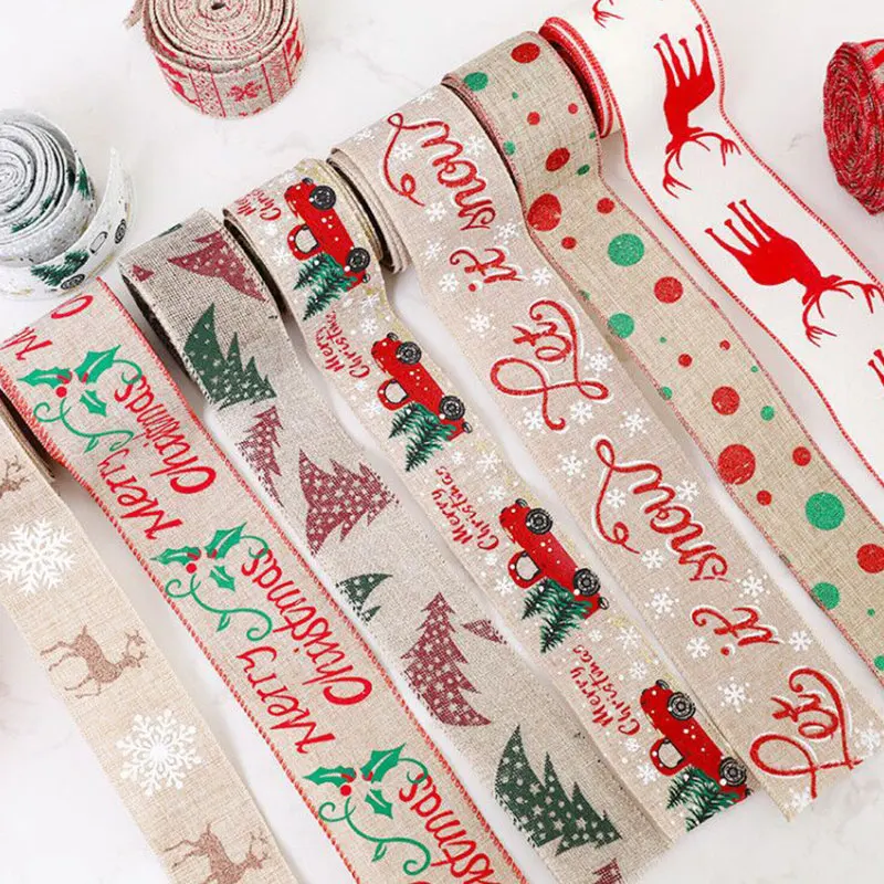 

2m Christmas DIY Fabric Ribbon Burlap Ribbon With Wired Edge Gift Wrapping Christmas Tree Decor Ribbon DIY Wreath Bows Crafts