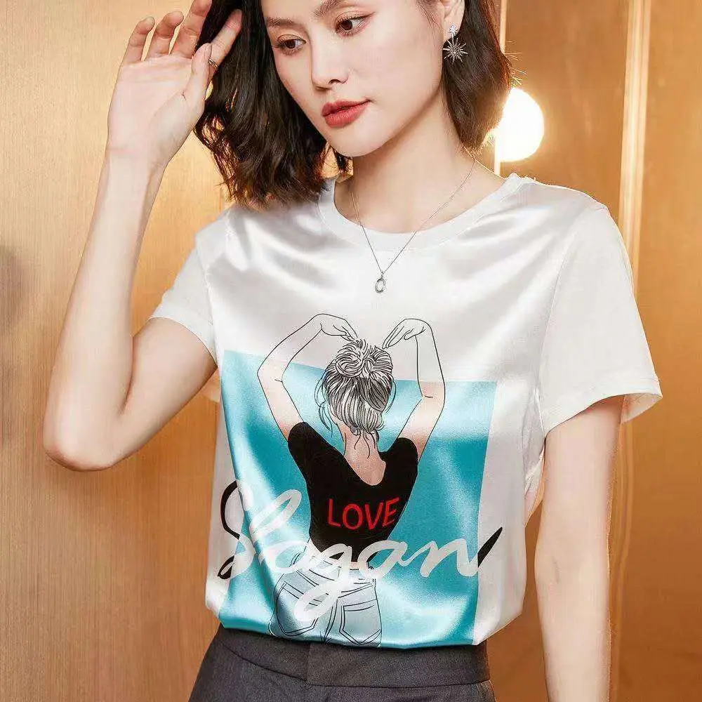 Women Summer Casual Print Patchwork Satin Shirt Fashion Tops Tees Rayon T-shirts O-Neck Loose O-Neck Short Sleeve Tshirts