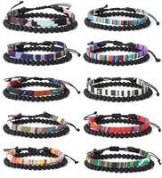2 piece set bohemia woven adjustable bracelet for men women natural energy volcanic stone vintage cloth fabric charm bracelets