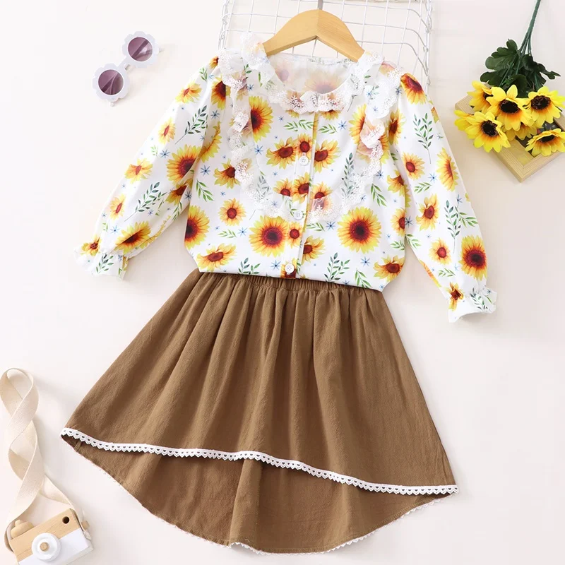 

Fashion Kids Clothes Girls Outfits Sunflower Lace Single-breasted Flare Sleeve Tops+irregular Skirt Girls Clothing Sets New 1-6Y