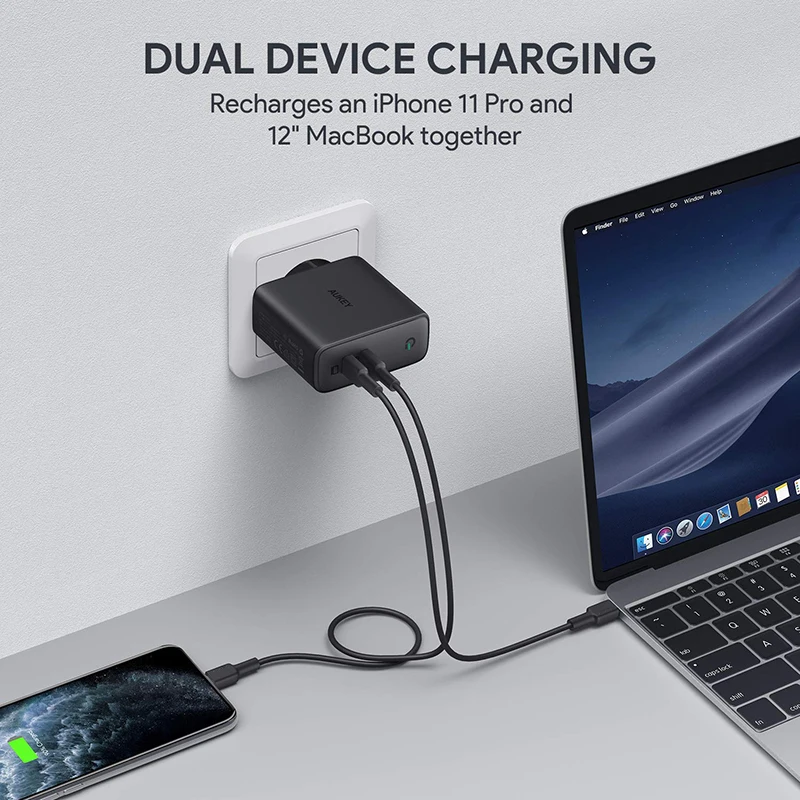Оригинальный адаптер для быстрой зарядки AUKEY PA-D5 63 Вт двойной порт PD USB-C настенная