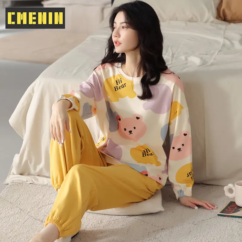 

CMENIN Yellow Pajamas Set Cartoon Animal Cotton Long-sleeved Trousers Autumn And Winter Loungewear Women's Homewear Suit