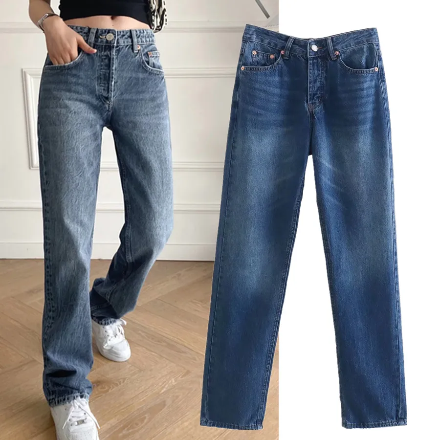 

Dave&Di 2023 Straight High Waist Casual Mom Jeans Women England Style High Street Retro Washed Blue Simple Denim Pants Women