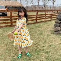 korean style new summer kids girls dress yellow print floral dresses for girls fashion princess cotton children clothing 2022
