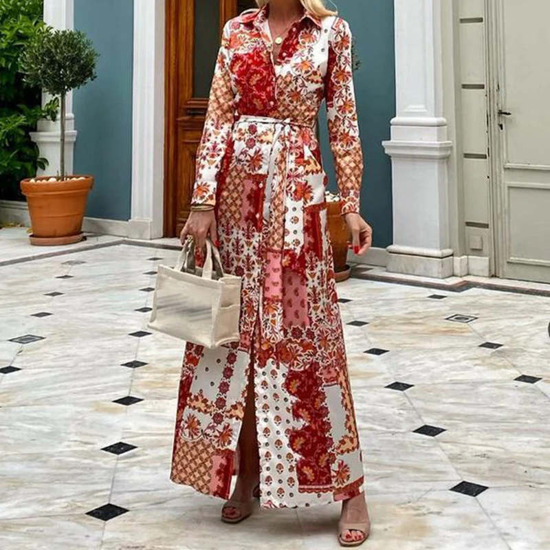 

Women Turn-down Collar Button Office Dress New Spring Floral Print Ethnic Party Dress Fashion Long Sleeve Holiday Bohemian Dress