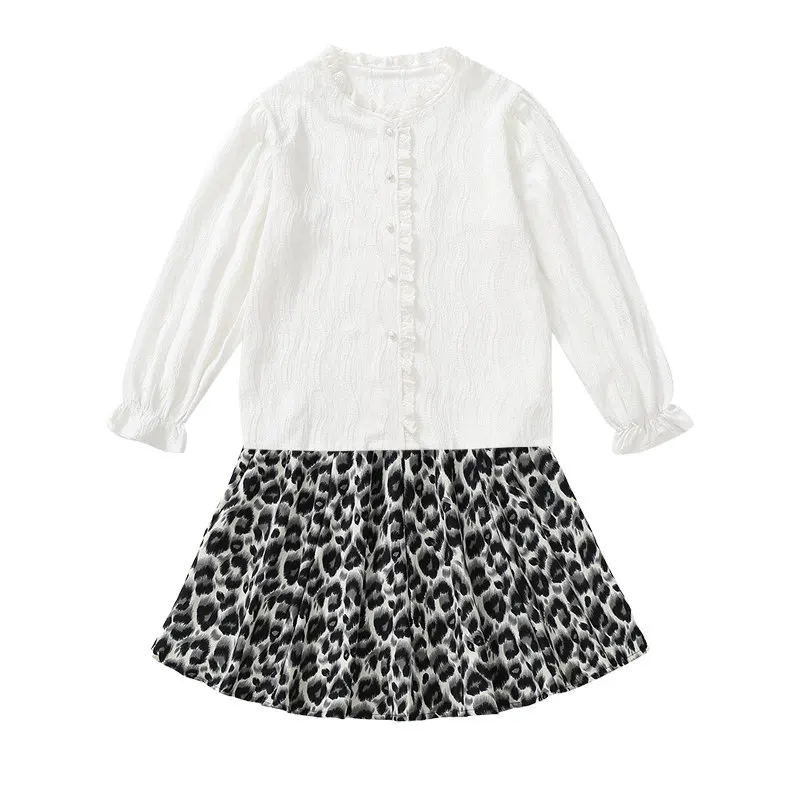 Kids Girl Clothing Sets White Shirts and Skirt with Leopard Print Two Pieces/Suits Korean Girls Children's Costume 4-13Years Old