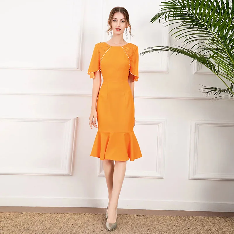 

MIUXIMAO 2022 High Quality Spring/ Summer Elegant Dress O-Neck Short Sleeve Beading Fashion Long Trumpet Dress Women Vestide