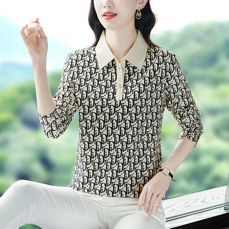 Осенний Женский Стильный пуловер футболка с длинным рукавом футболка-поло