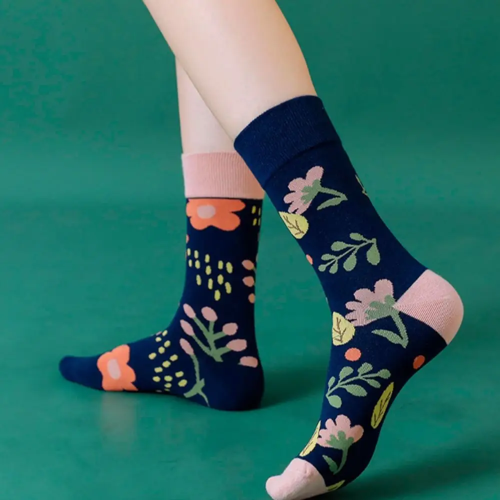 

Warm Soft Thick Harajuku Casual Flower Pattern Cotton Socks Middle Tube Hosiery Patchwork Color Female Socks