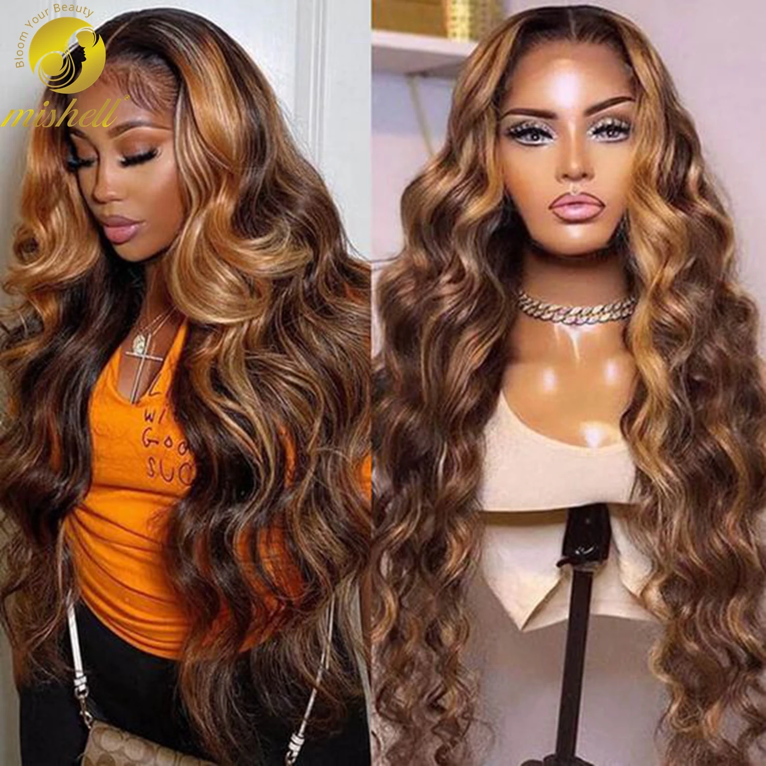38 40 Inch 4/27 Highlight Ombre Wig 13x4 Body Wave Lace Frontal Human Hair Wig for Women Honey Blonde Lace Front Wig Pre Plucked