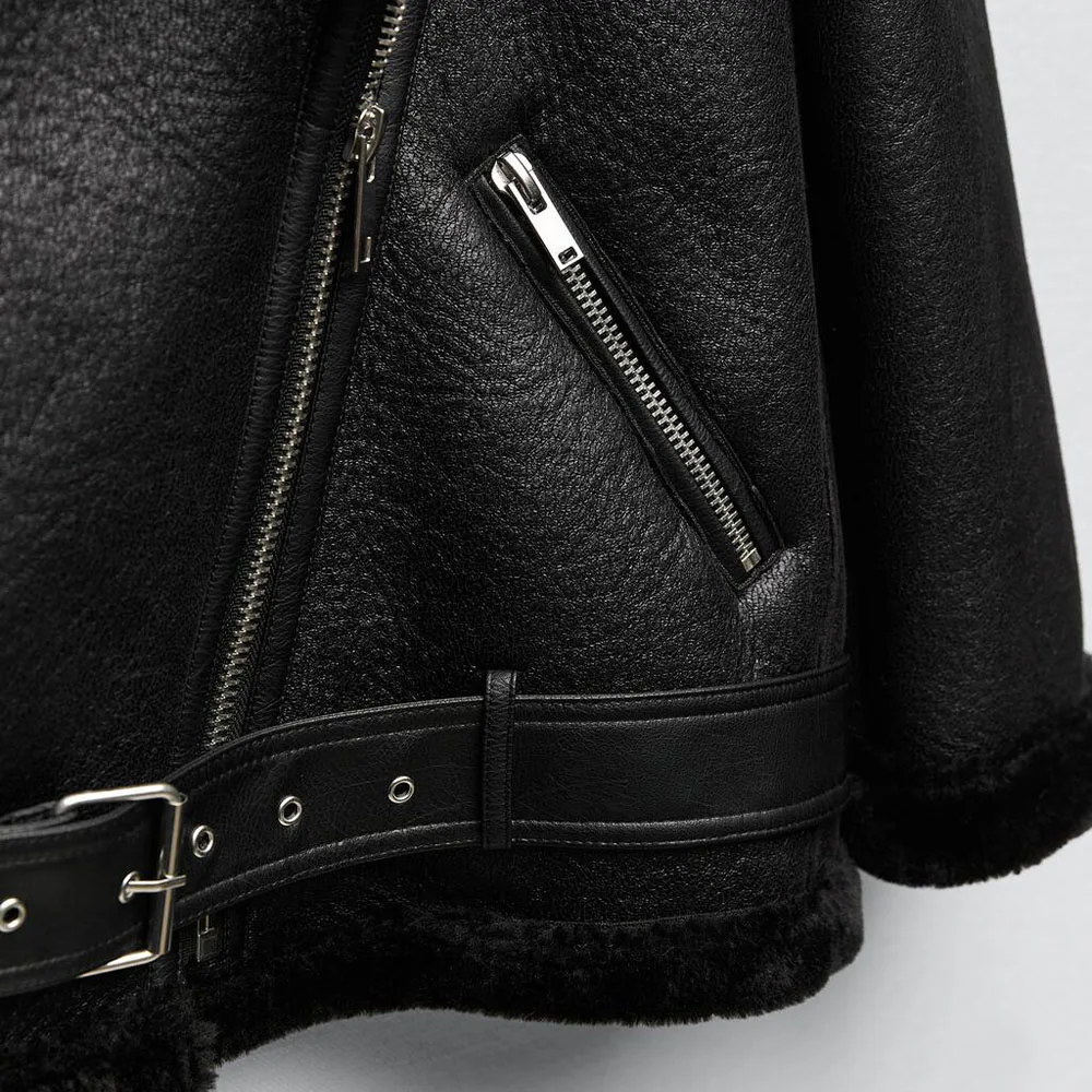 Autumn and winter fashion new women's temperament handsome versatile lapel long sleeve black double-sided jacket coat