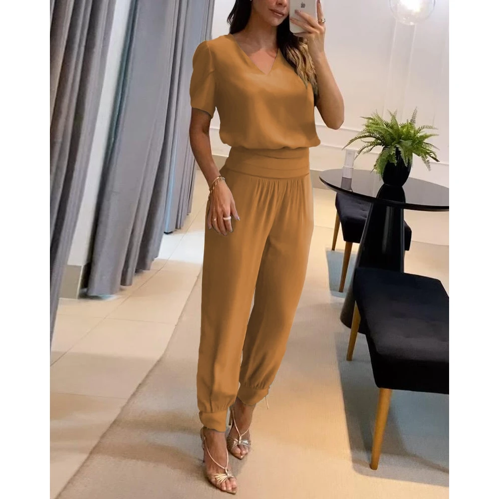 Women Puff Sleeve V-Neck Short Sleeve Top & High Waist Cuffed Pants Set Casual Femme Fashion Two-Piece Set Woman Outfits Clothes