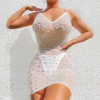 casual women mini dress dimond sheer mesh bead bodycon see through backless dresses for women vestidos