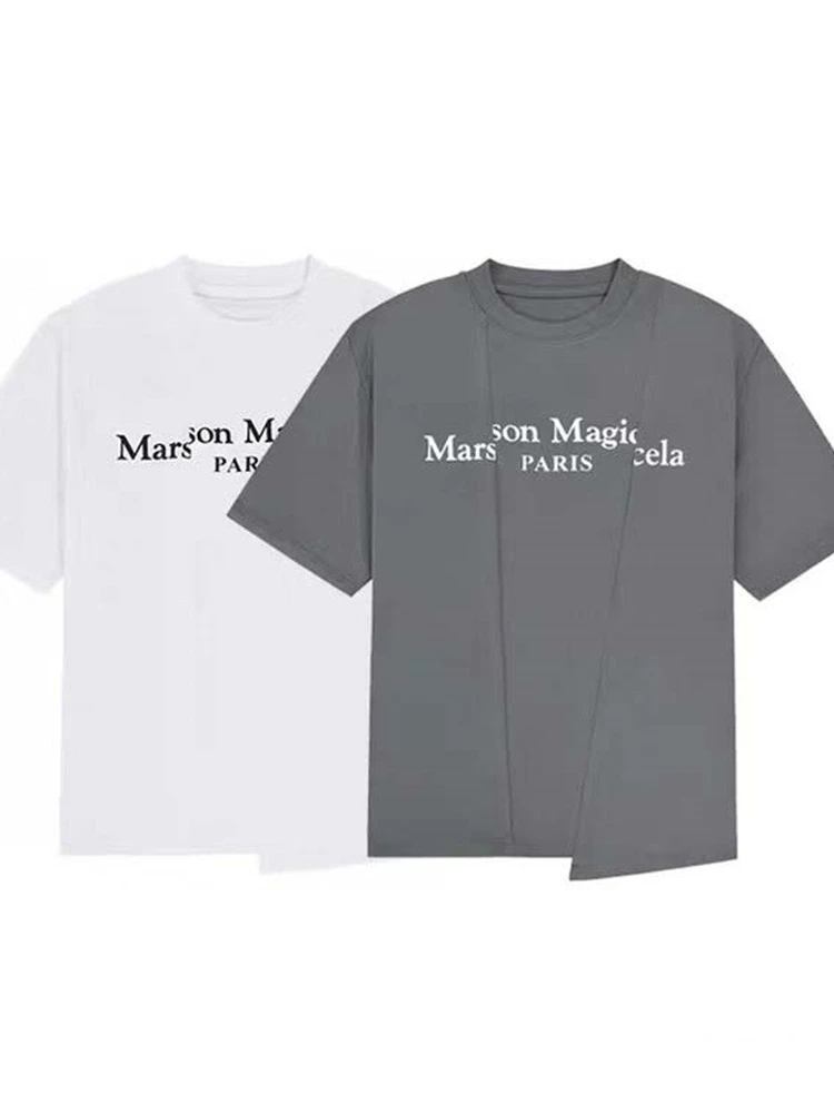 

Women T-shirt 2022 Summer New Irregular Stitching Design Letter Printing Short-sleeved White Gray Women Casual T-shirt