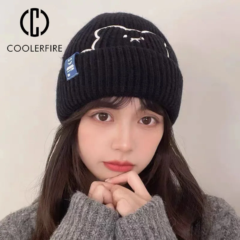 

Модная женская шапка с черепом на осень и зиму, Повседневные вязаные шапки с милым медведем, полосатые обжимные эластичные теплые однотонны...