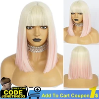jt synthetic cosplay wigs ombre blonde pink short straight wig with bangs 14inch natural hair gold wig for women dailyparty gift