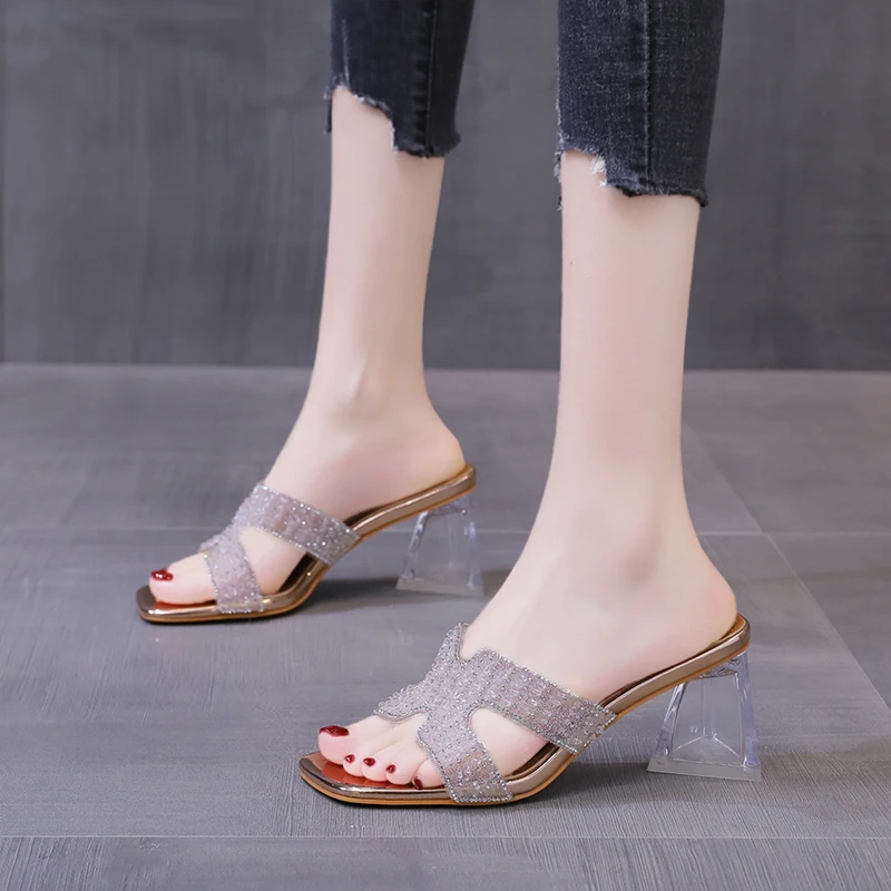 2022 Crystal Thick High Heels Outdoor PVC Transparent 2022 Summer Rhinestone Women Slippers Shoes Fashion Slides Slip On Hollow
