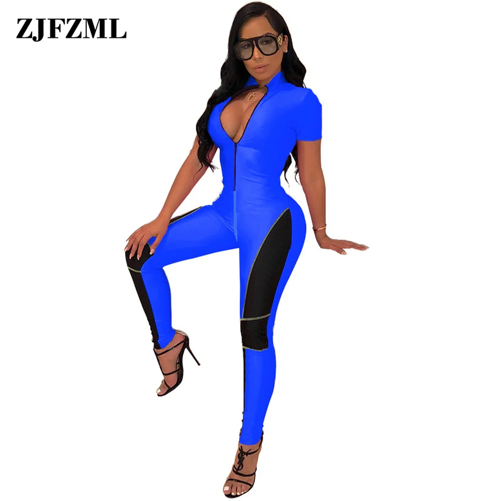 

Contrast Color Sexy Bodycon Jumpsuit Women Deep V Neck Short Sleeve One Piece Overall Streetwear Front Zip Club Party Bodysuit