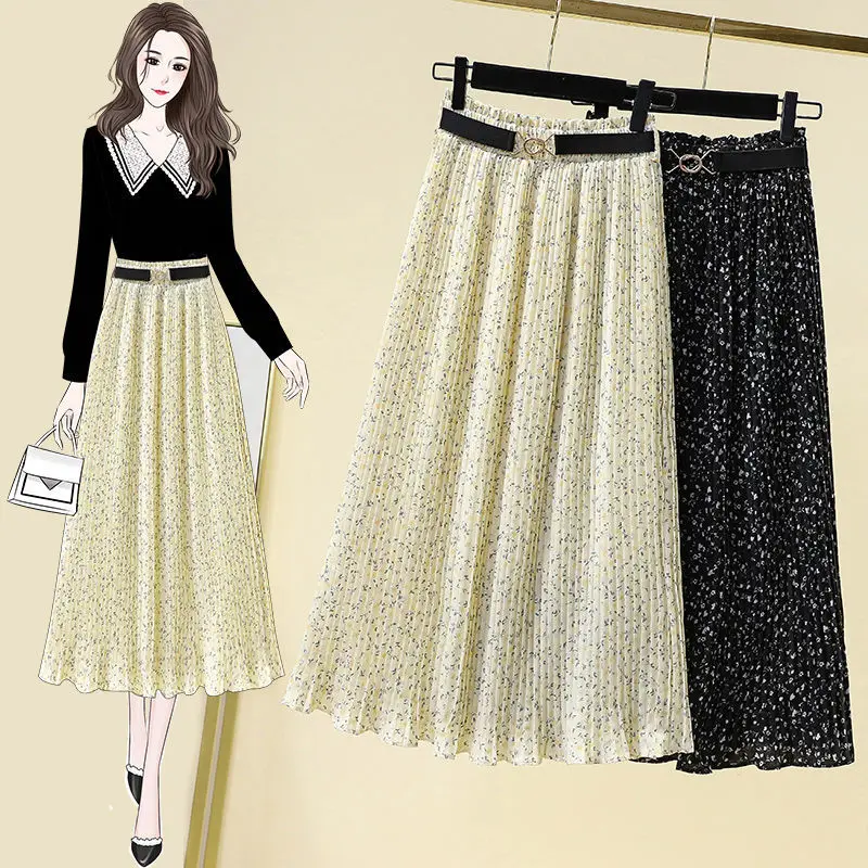 

Women Chiffon Boho Vintage Bohemian Print Sweet Floral Skirt Spring Summer High Waist Thin Sweet Temperament A-line Midi Skirts
