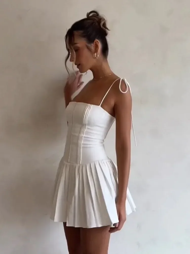 

Fashion Adjustable Strap Women Mini Sling Dress Sweet Chest Wrap Pleated Bodycon Dress 2023 Summer Lady Chic A-line Robe