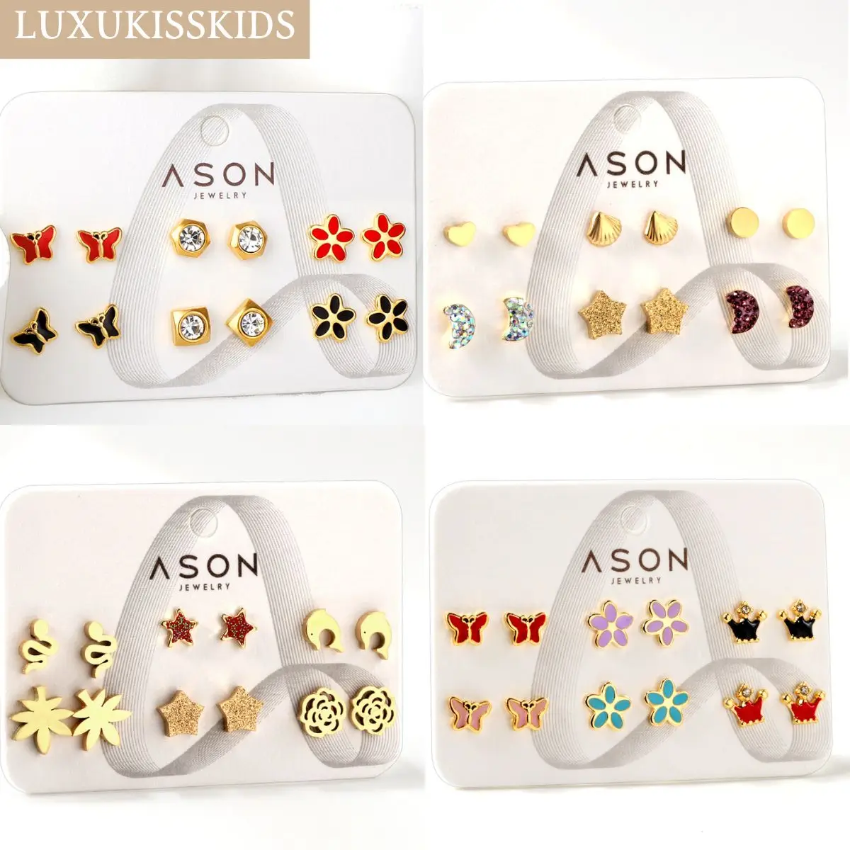 Серьги LUXUKISSKIDS в виде Луны и детской яркой бабочки с короной 6 пар/карточка