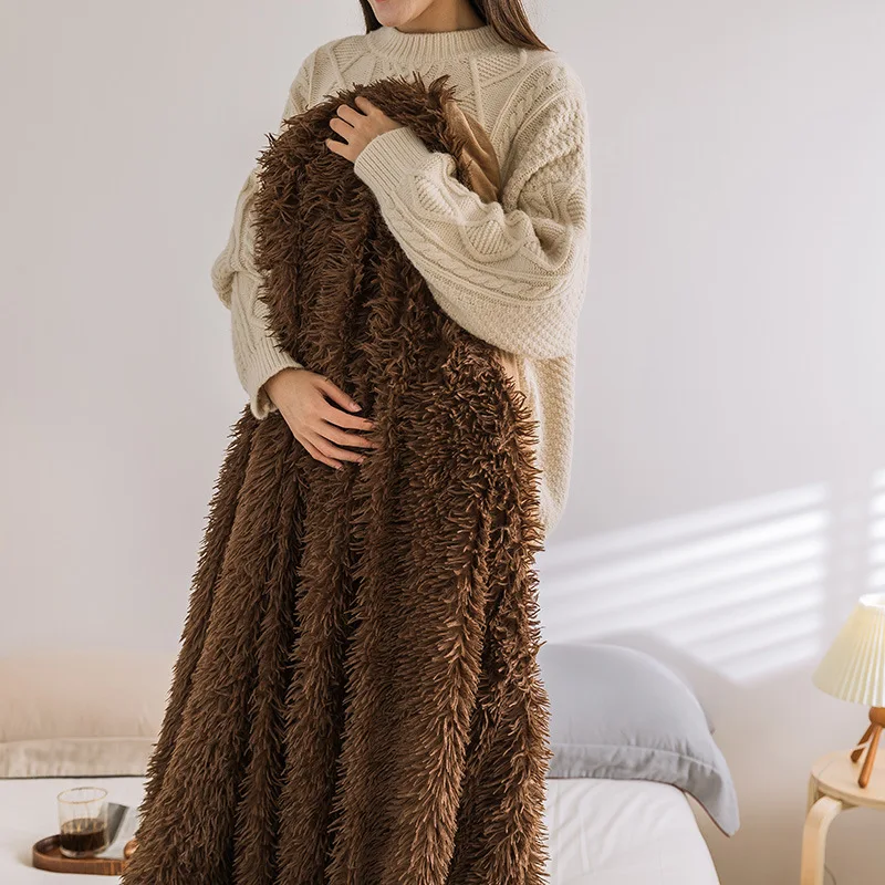 Фото Brown/Green/Pink Soft Faux Fur Throw Blanket Sherpa Blanket Warm Cozy Bedspread Fluffy Sofa Bedding Airplane Hotel Throw Sofa №3