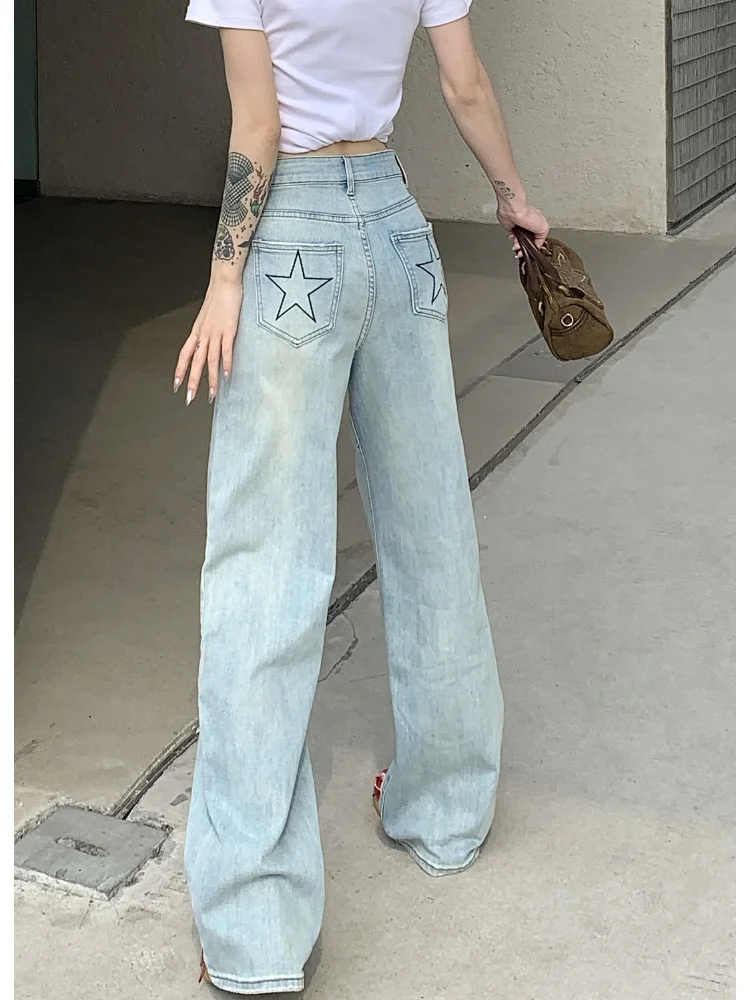HOUZHOU Women Jeans Vintage Gyaru Star Girl Y2k Baggy Denim Trousers Korean Streetwear Acubi Fashion Casual Blue Wide Leg Jeans