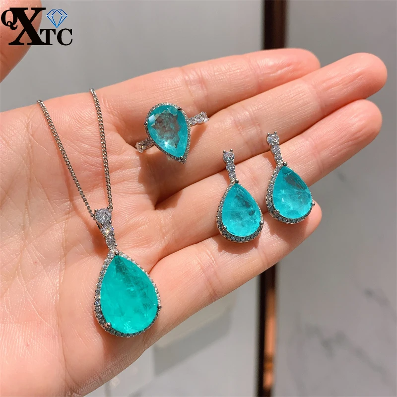 

QXTC Luxury Paraiba Tourmaline Gemstone Drop Earrings/Pendant/Necklace/Ring Wedding Jewelry Sets Gift Statement