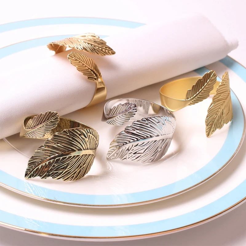 

Leaves Feather Napkin Ring Holders Decorative Metal Napkin Buckle Hotel Wedding Party Banquet Dinner Christmas Table Decoration