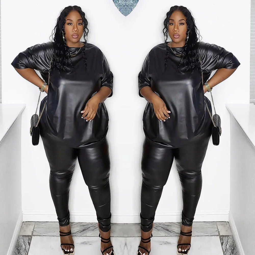 Plus Size Pu Two Piece Women Pants Sets Fashion Streetwear Half Sleeve Black Tshirt Elastic Waist Pants Whole 3xl 4xl 5xl 6xl