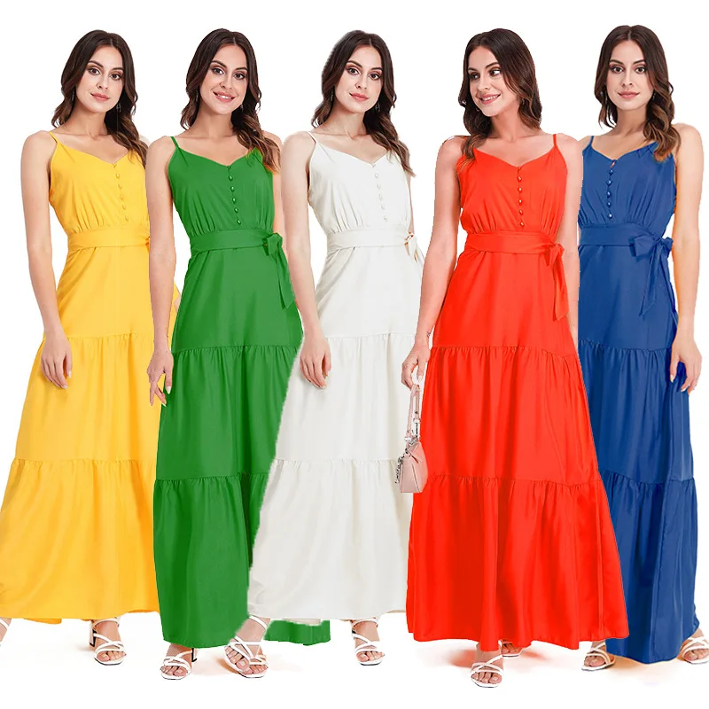 Summer New Temperament Button Sleeveless Waist Suspender Dress Women