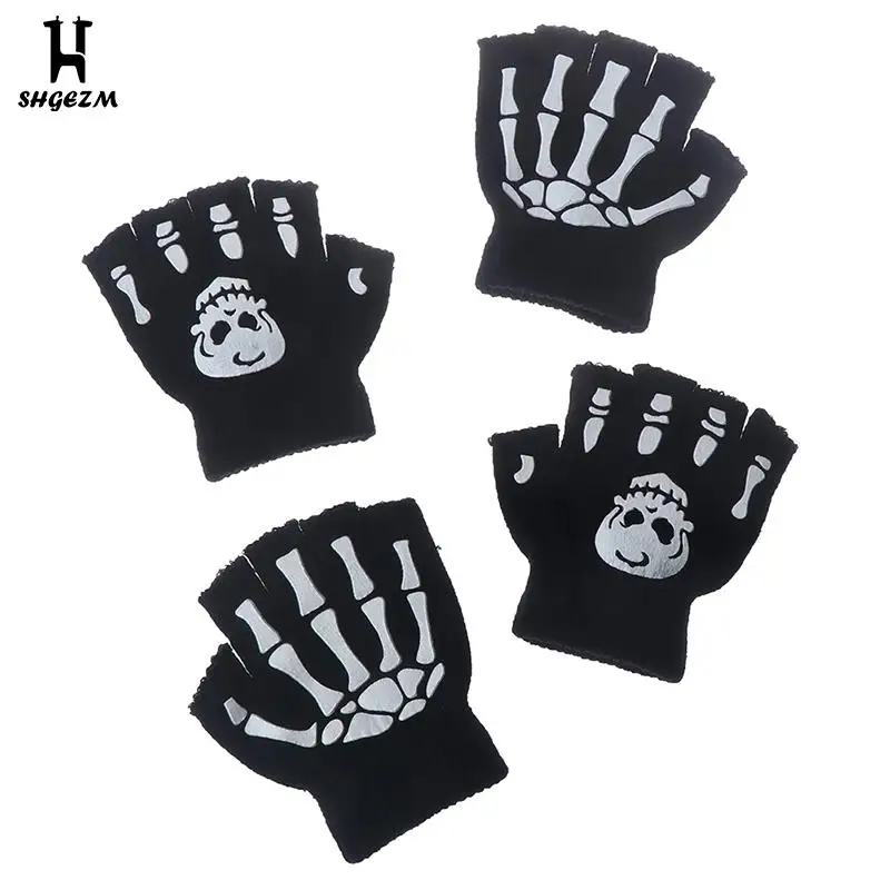 

Fashion Cool Boys Cool Fluorescent Skeleton Gloves Children Mittens Skull Gloves Winter Black Knitting Luminous Gloves