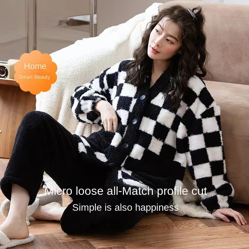 Pajamas For Women Winter Flannel Long Sleeved Open Button Checkered Wool Pajamas Thick Warm Velvet Lady Lovely Sweet Pajamas