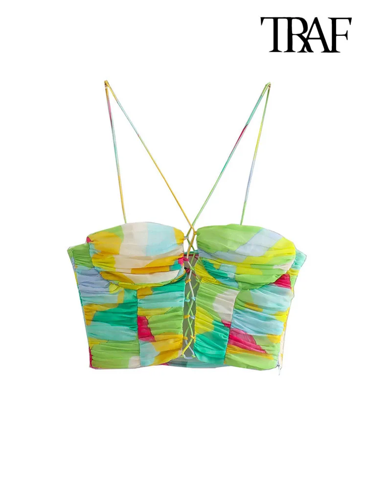 

TRAF Women Fashion With Tied Printed Pleated Crop Tank Tops Vintage Backless Side Zipper Thin Straps Female Camis Mujer