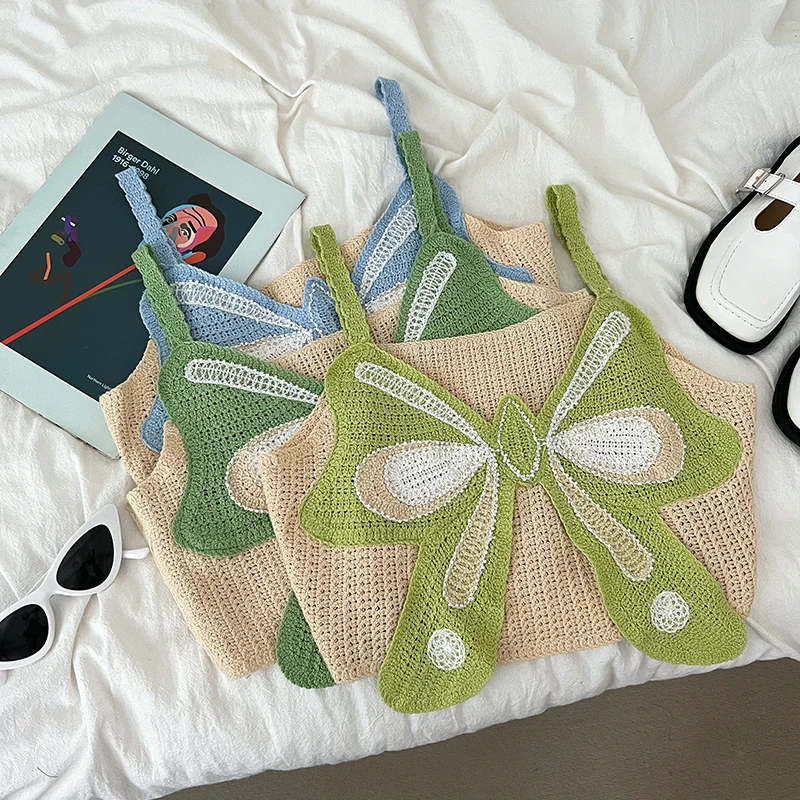 

Корейский трикотажный топ с бабочками для женщин, женский короткий Топ без бретелек и рукавов, милые укороченные топы для девушек, Прямая поставка