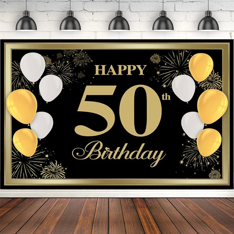 

Photography Backdrop Gold And Black Poster 50th Fifty Birthday Party Decoration Banner Photocall Firework Photo Background Props