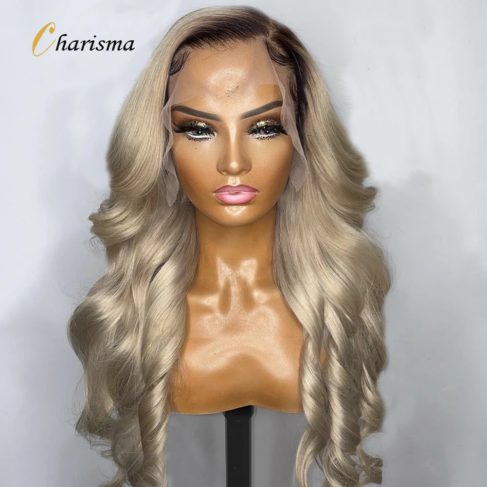 

Charisma Synthetic Lace Front Wig Ash Blonde Body Wave Lace Front Wig Ombre Synthetic Hair Brown Roots Wigs for Women Cosplay