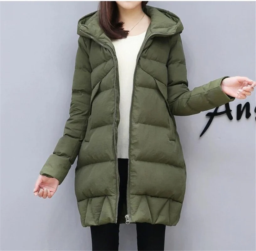Women Leisure Style Jackets with Pocket Hooded Warm Coats Fashion Long Parkas Winter Down Cotton Jacket Coat Lady Solid Overcoat