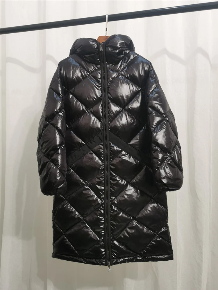 

High Quality Women Fashion Winter Down Coats Rhombic Quited 90% White Duck Down Filling Zipper Knee Length Warm Jackets