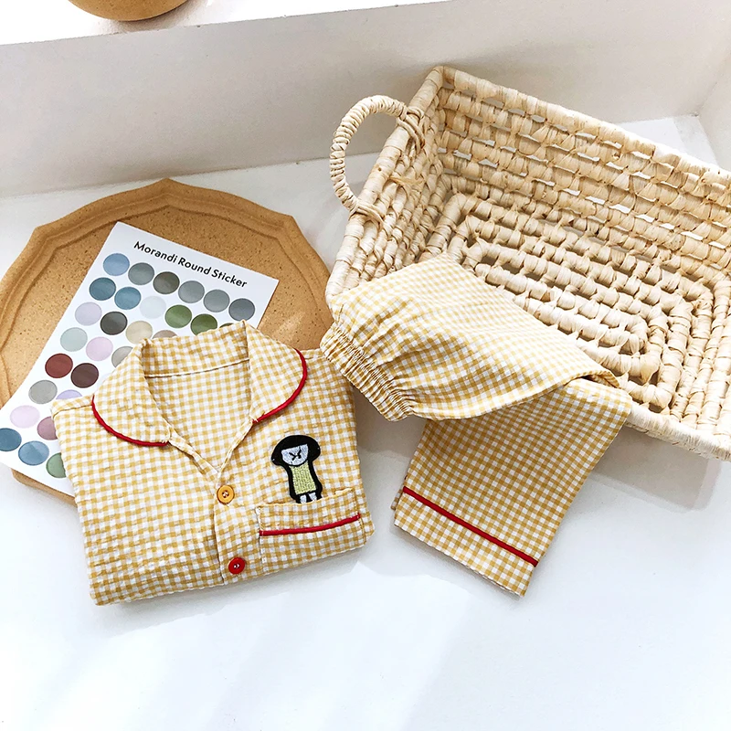 Girls Home Clothes Set Spring Autumn Boys Embroidered Top With Plaid Trousers 2 Piece 3-7Y Unsex Comfortable Pajama Clothes