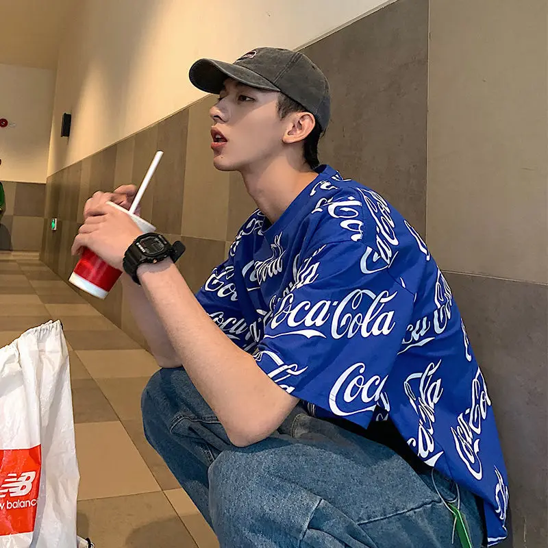 

Кока-Кола, летняя мода, новая хлопковая свободная универсальная пятиточечная рубашка с рукавом, Студенческая футболка