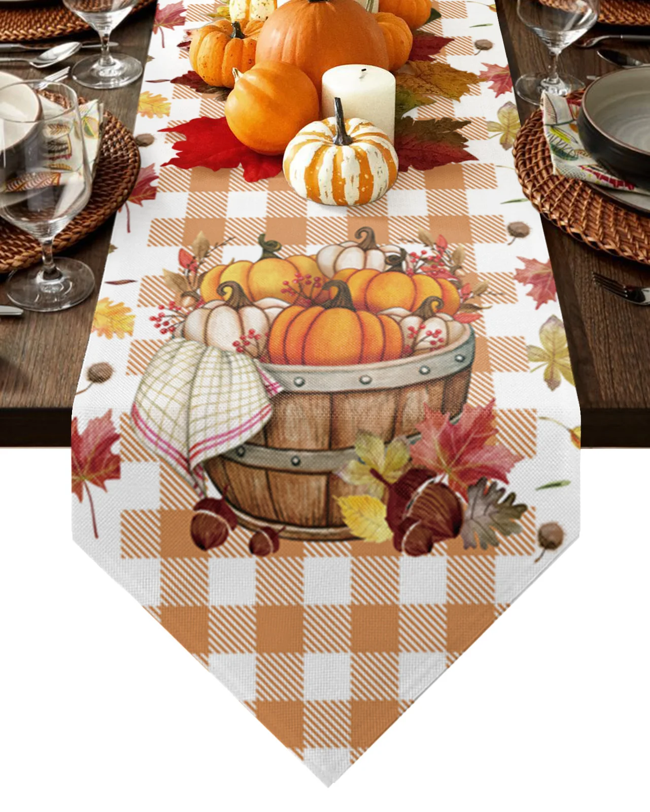 

Autumn Fallen Leaves Pumpkin Wooden Barrel Table Runner Kitchen Dinning Table Decor Wedding Table Decor Tablecloth and Placemats