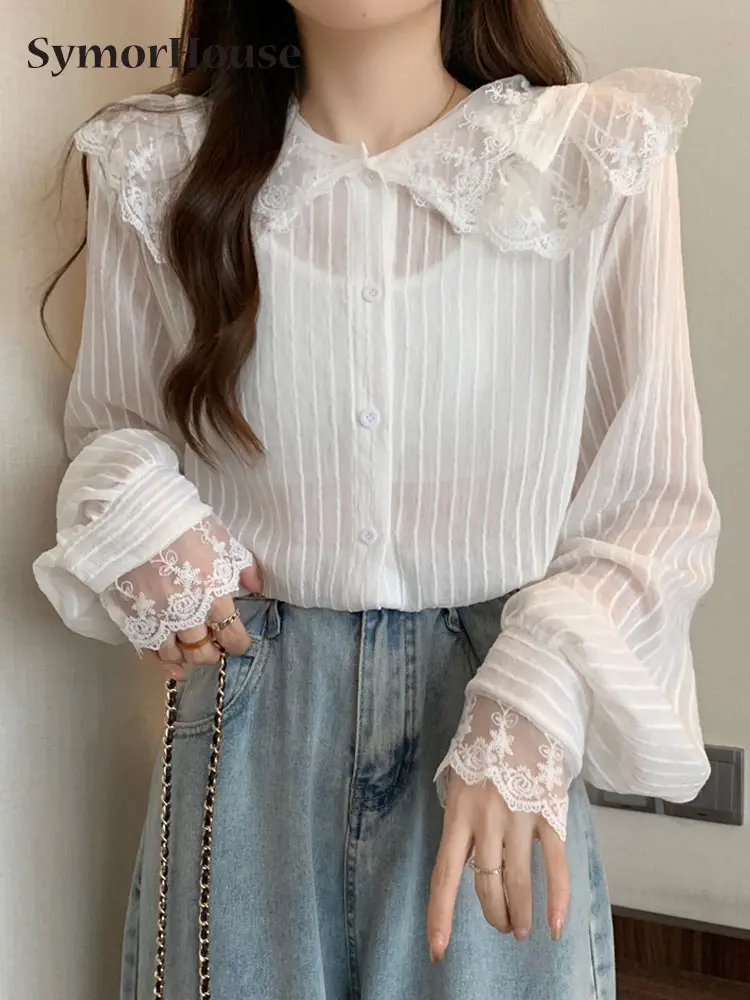

Spring Summer Autumn Fashion Women Lace Patchwork Blouses Elegant See Through Sexy Bottoming Long Sleeve Ladies Shirts Tops