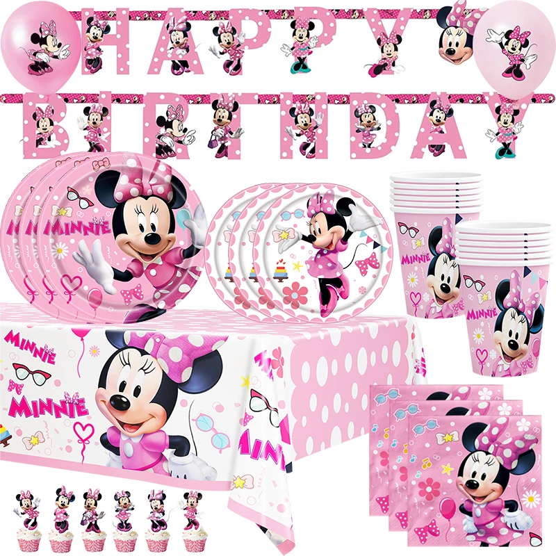 

Disney Minnie Mouse Birthday Party Supplies Paper Cup Plate Tablecloth Napkin Balloon for Kids Girls Baby Bath Party Decoration