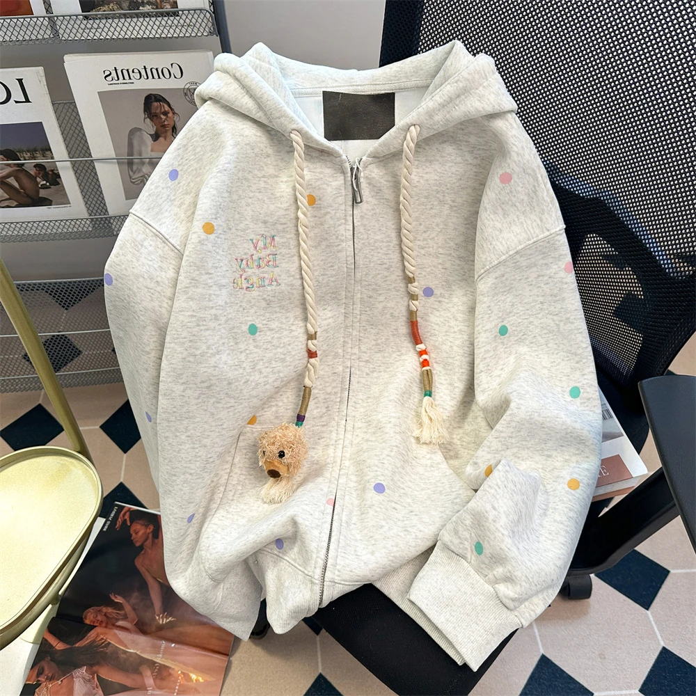 Осенние новые толстовки в стиле преппи горошек с изображением медведя женские